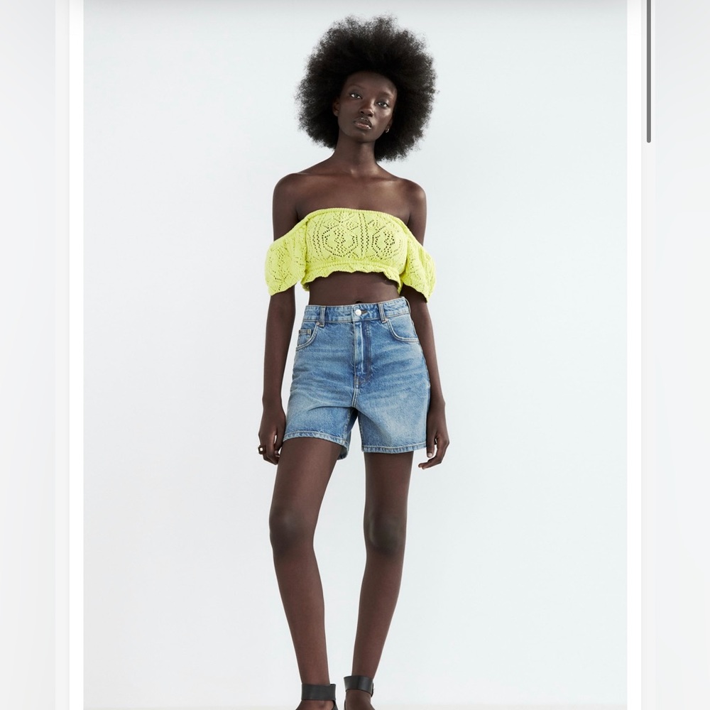 Zara Neon Yellow Crochet Off-Shoulder Crop Top